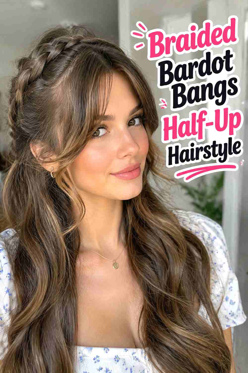 6. Braided Bardot Bangs Half Up Hairstyle