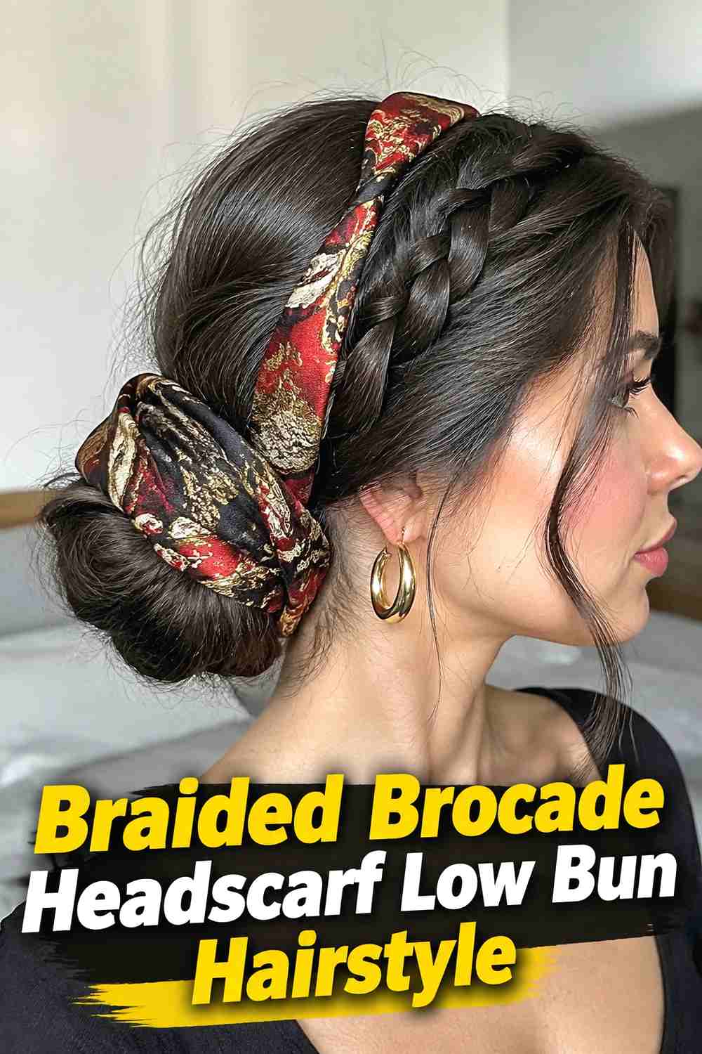 4. Braided Brocade Headscarf Low Bun Hairstyle