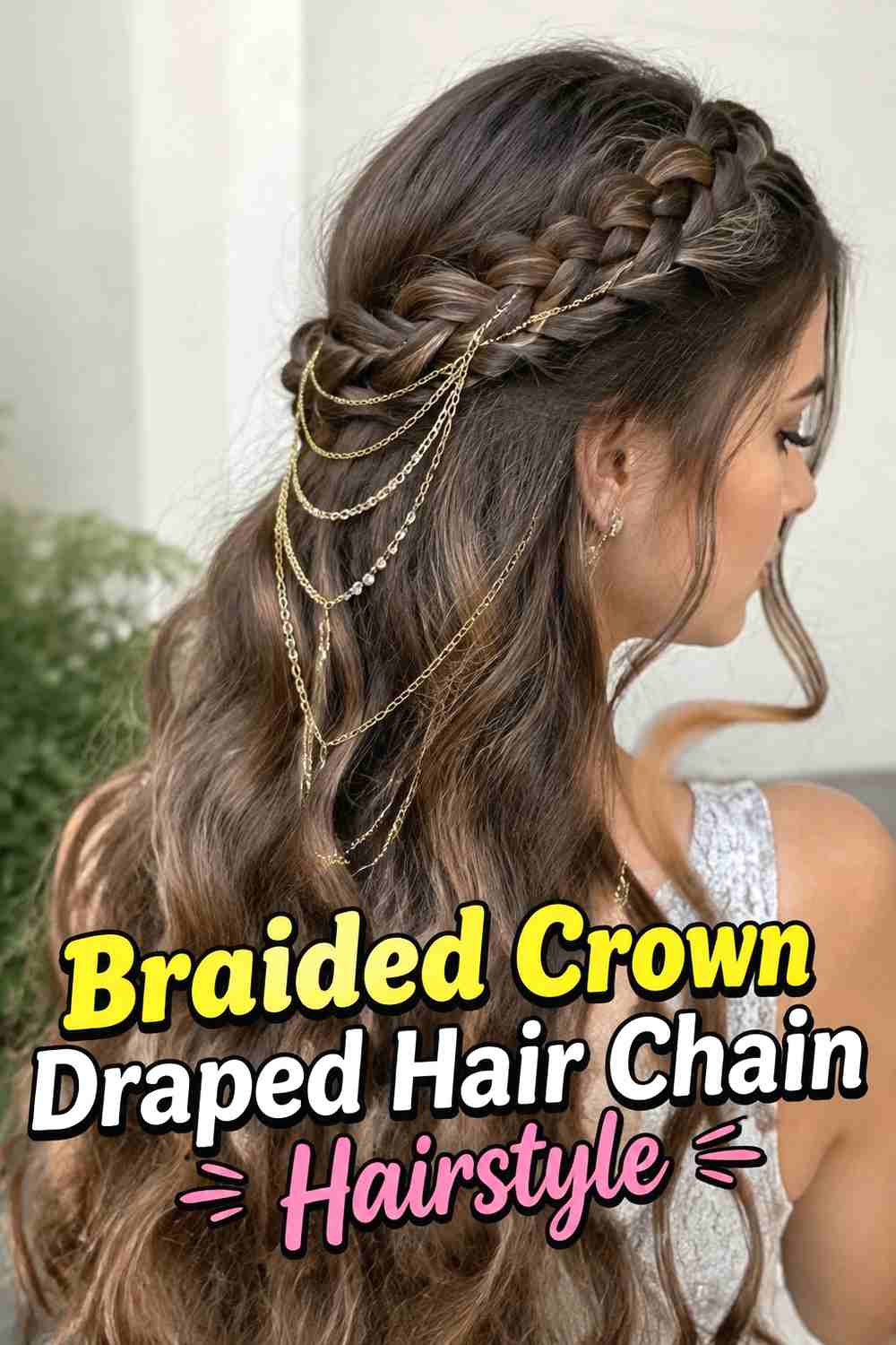 5. Braided Crown Draped Hair Chain Hairstyle