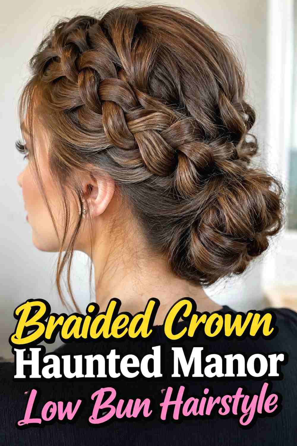 3. Braided Crown Haunted Manor Low Bun Hairstyle