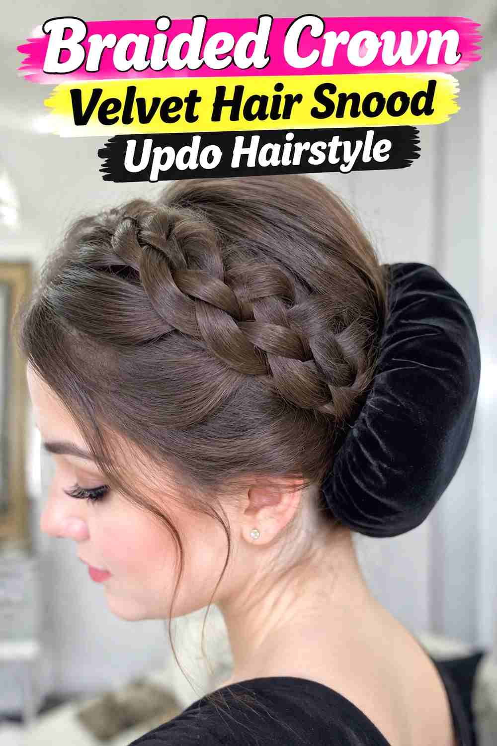 4. Braided Crown Velvet Hair Snood Updo Hairstyle