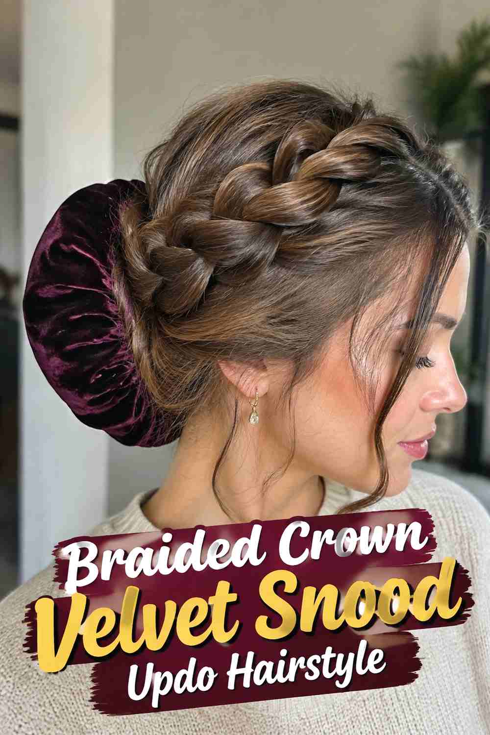 3. Braided Crown Velvet Snood Updo Hairstyle
