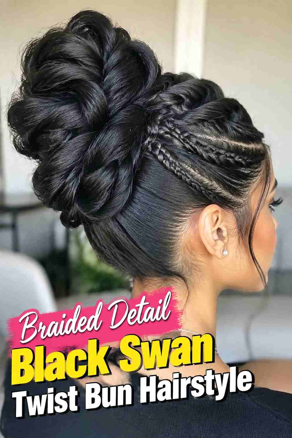 6. Braided Detail Black Swan Twist Bun Hairstyle