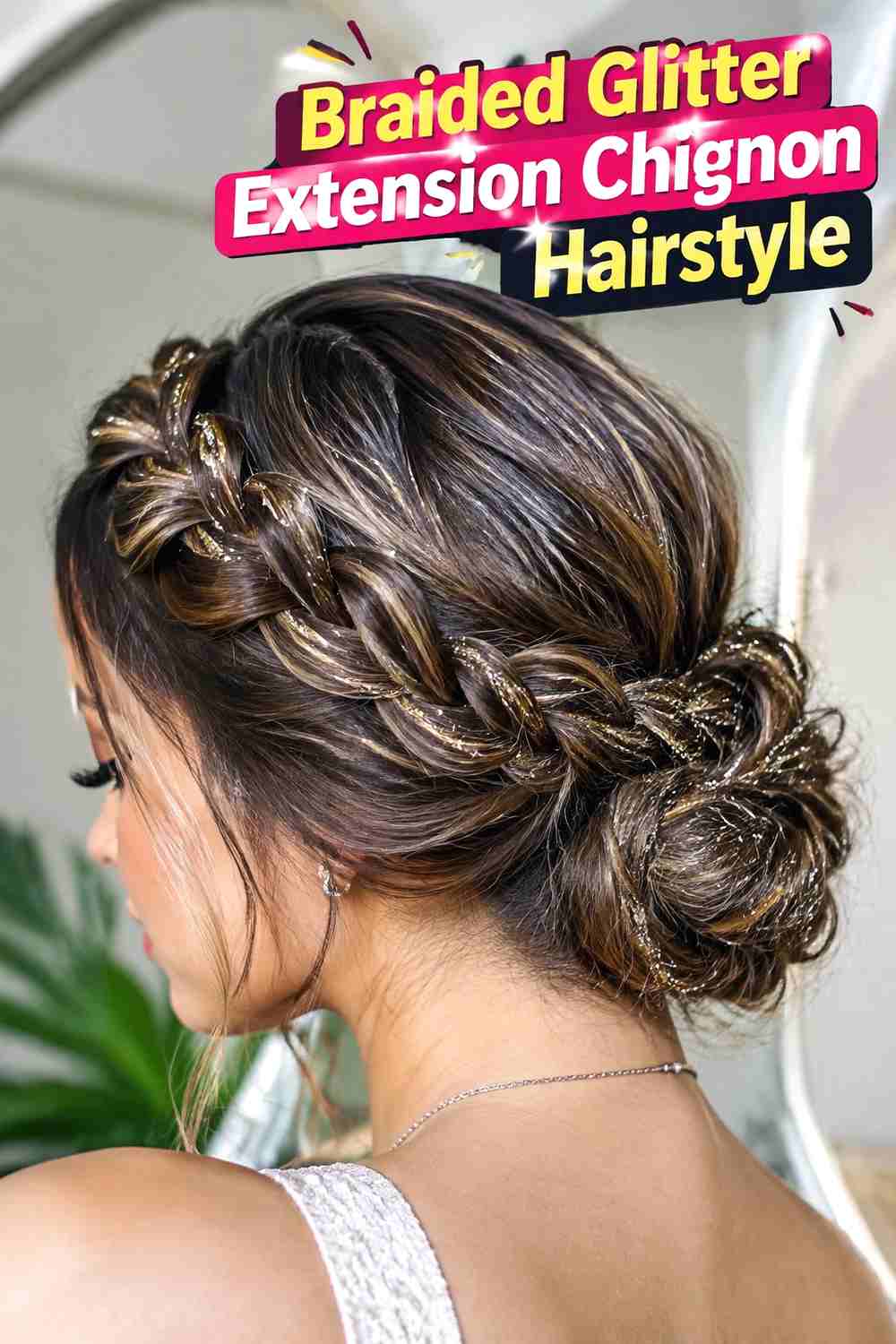 4. Braided Glitter Extension Chignon Hairstyle
