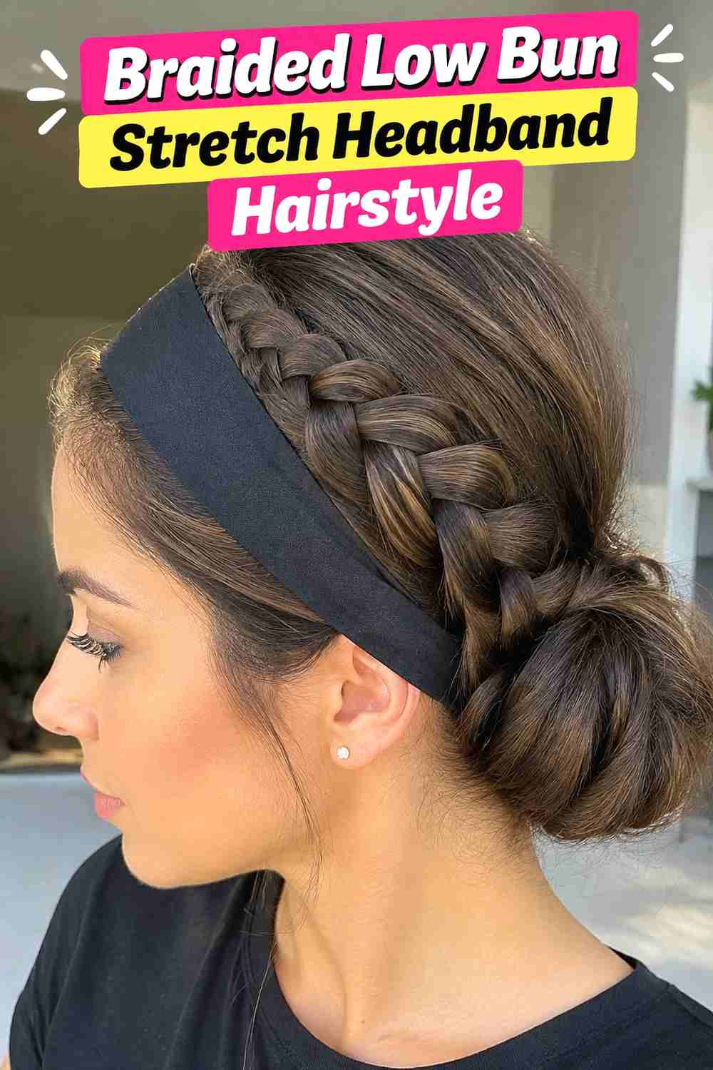 9. Braided Low Bun Stretch Headband Hairstyle