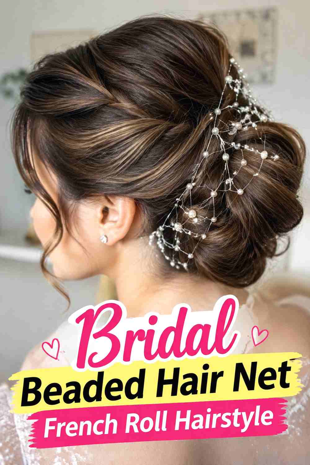 17. Bridal Beaded Hair Net French Roll Hairstyle