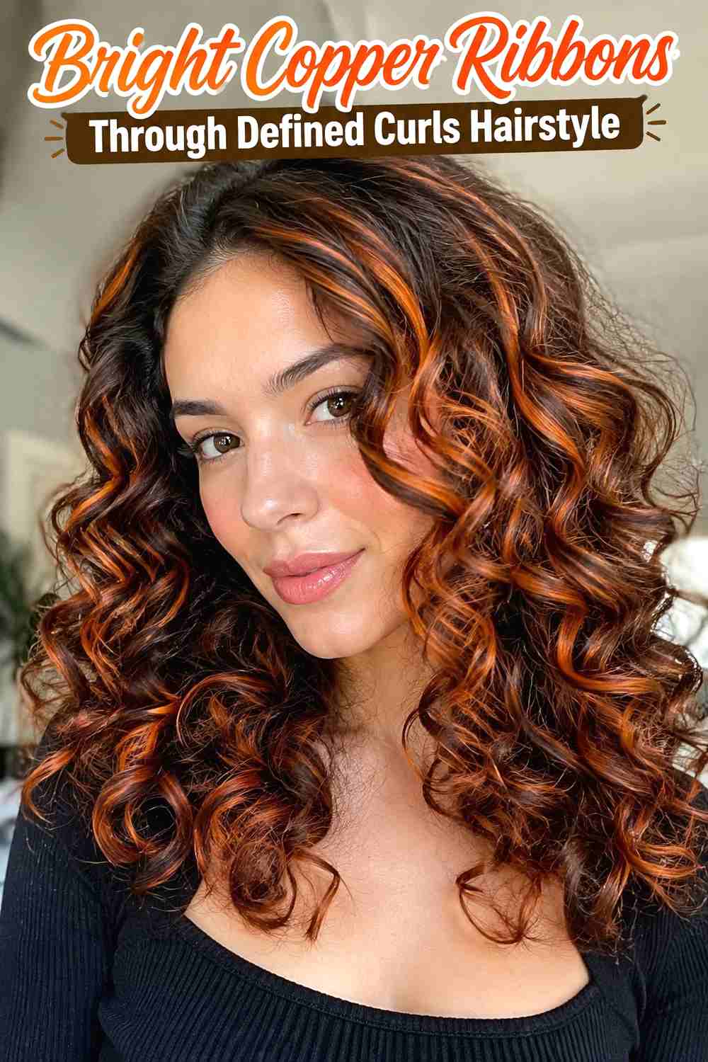 8. Bright Copper Ribbons Through Defined Curls Hairstyle
