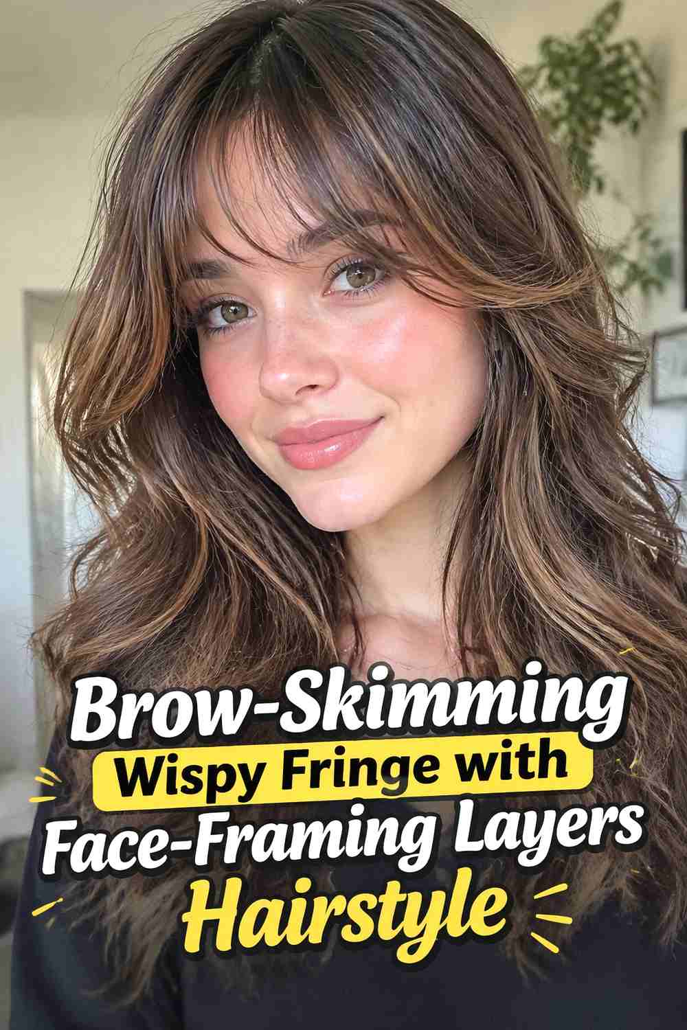 10. Brow Skimming Wispy Fringe With Face Framing Layers Hairstyle