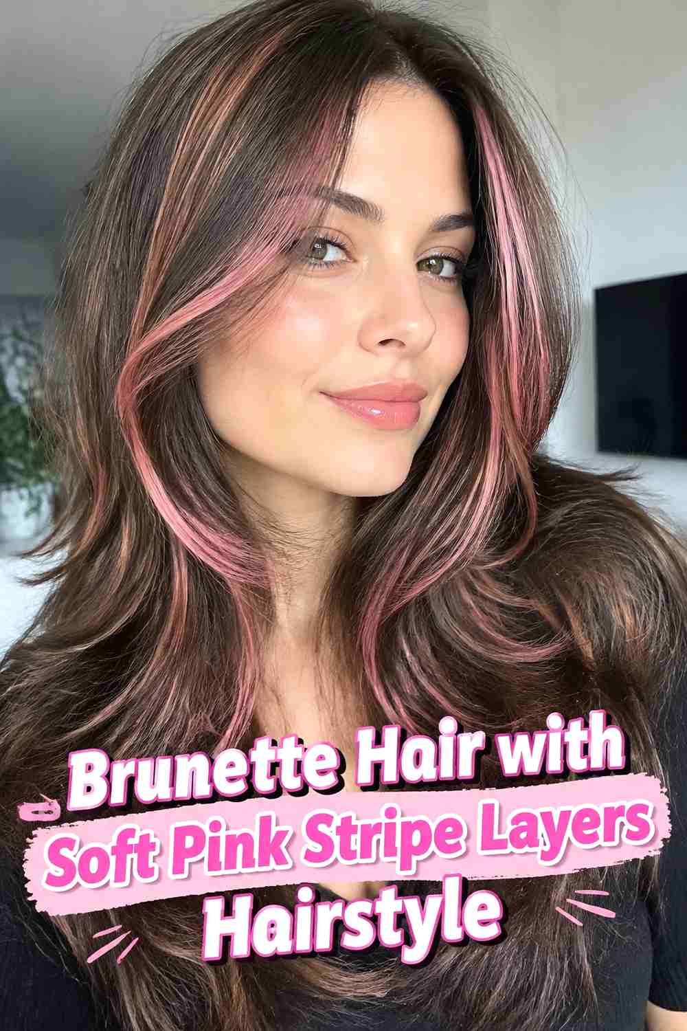 3. Brunette Hair With Soft Pink Stripe Layers Hairstyle