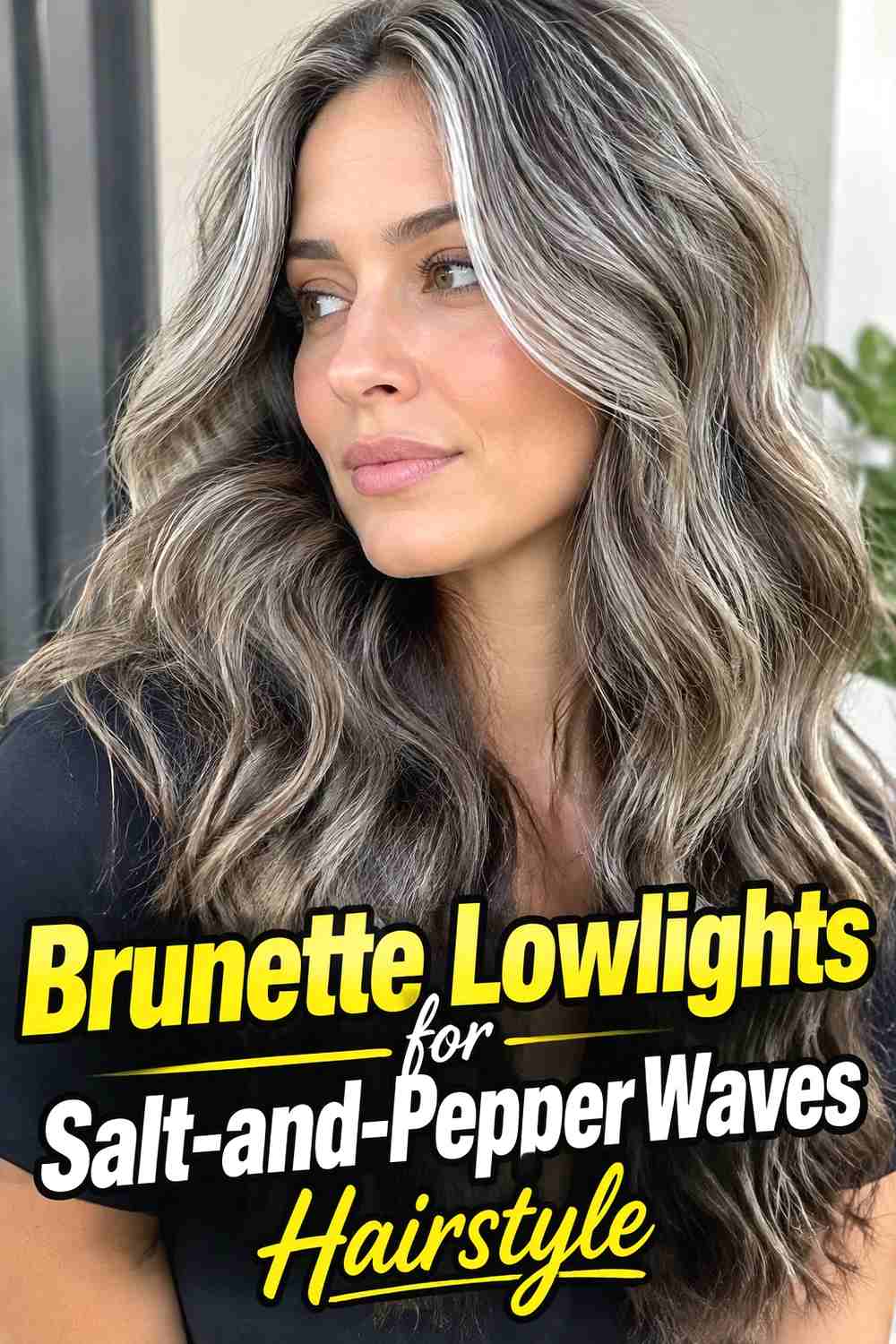 12. Brunette Lowlights For Salt And Pepper Waves Hairstyle