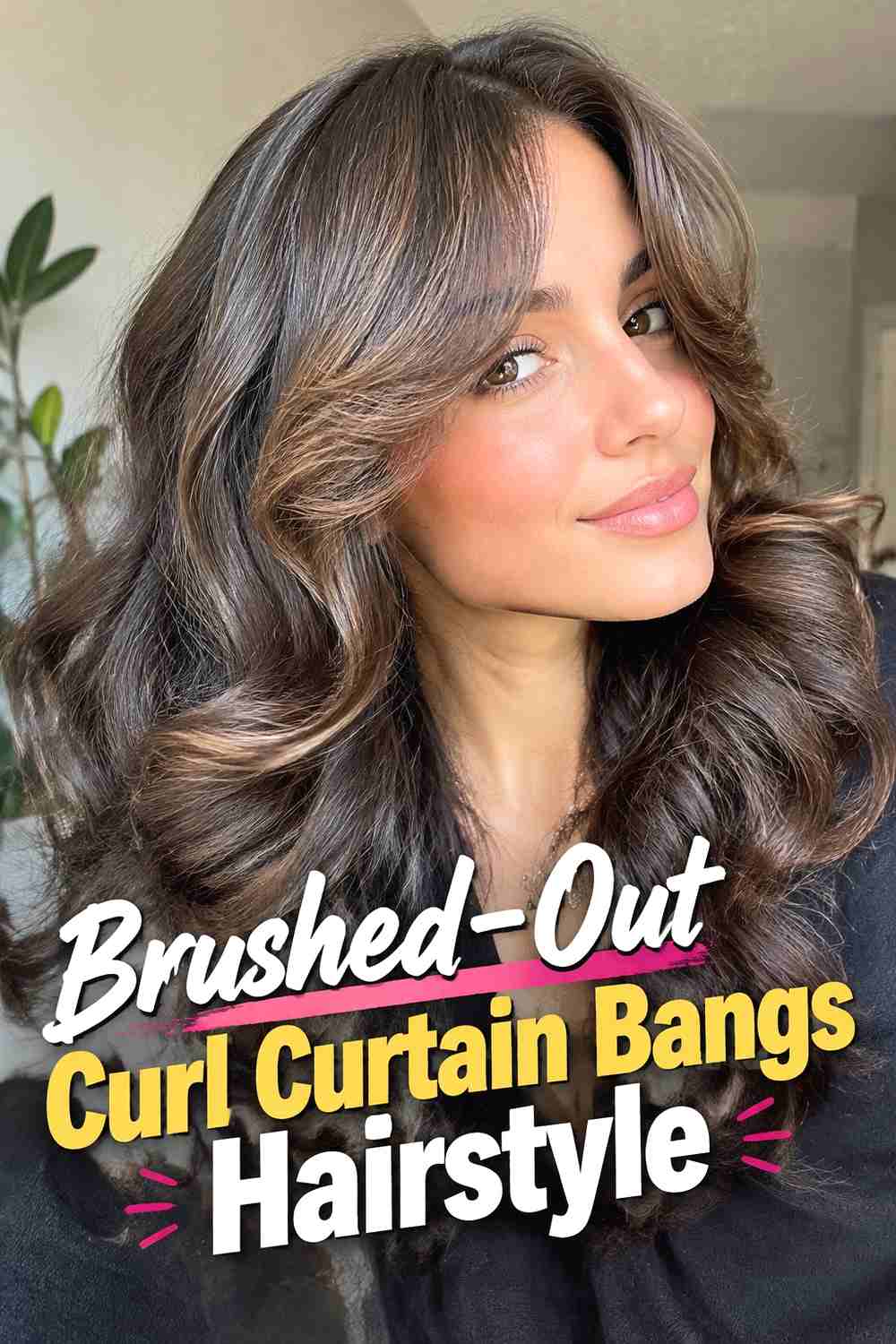 7. Brushed Out Curl Curtain Bangs Hairstyle