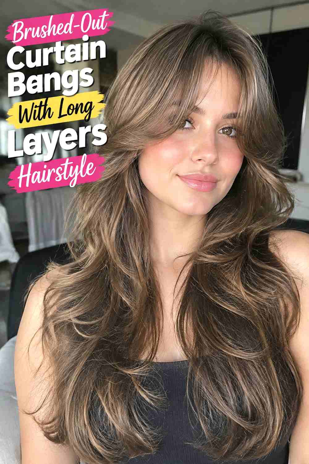 10. Brushed Out Curtain Bangs With Long Layers Hairstyle