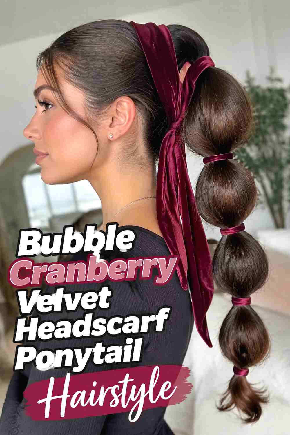 5. Bubble Cranberry Velvet Headscarf Ponytail Hairstyle