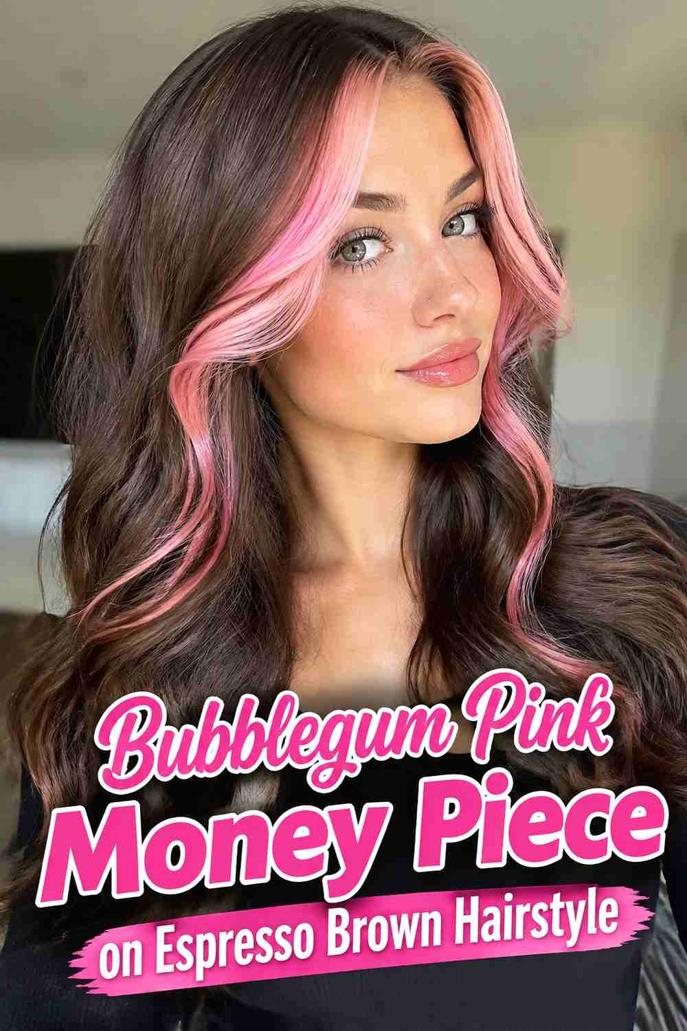 7. Bubblegum Pink Money Piece On Espresso Brown Hairstyle