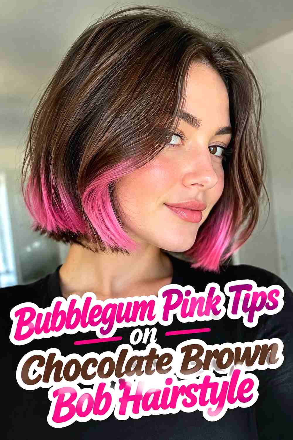 3. Bubblegum Pink Tips On Chocolate Brown Bob Hairstyle