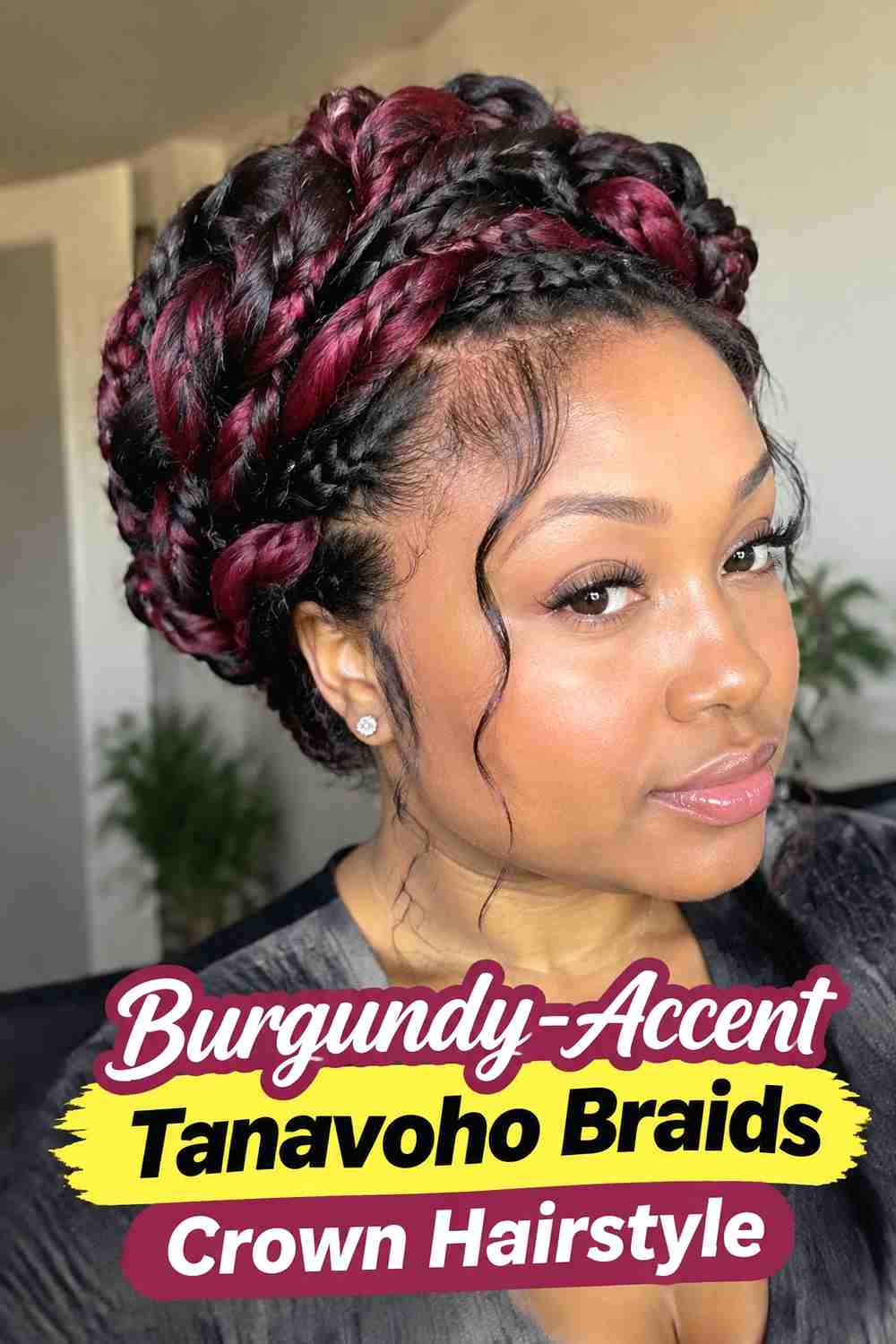12. Burgundy Accent Tanavoho Braids Crown Hairstyle