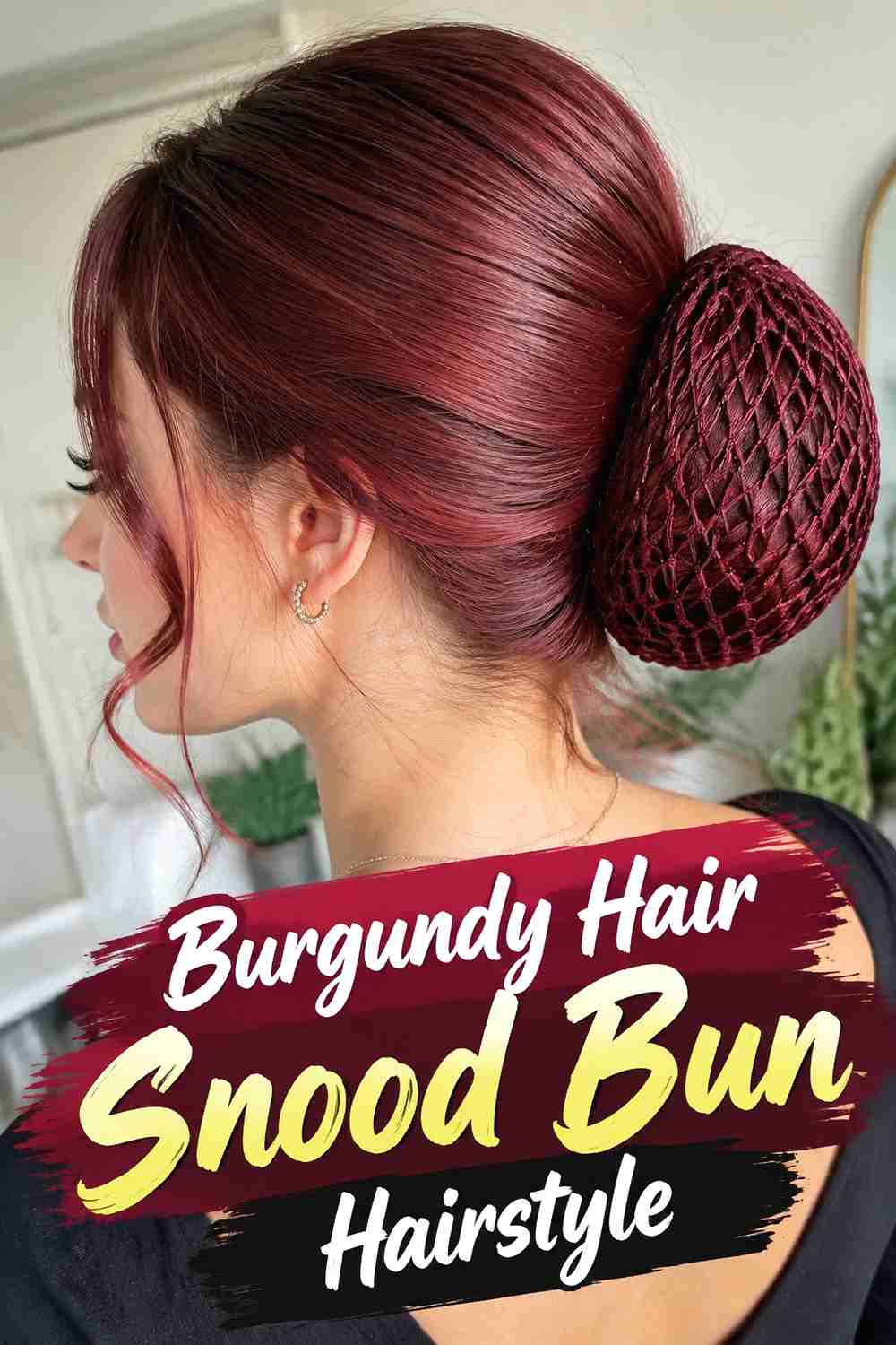 12. Burgundy Hair Snood Bun Hairstyle