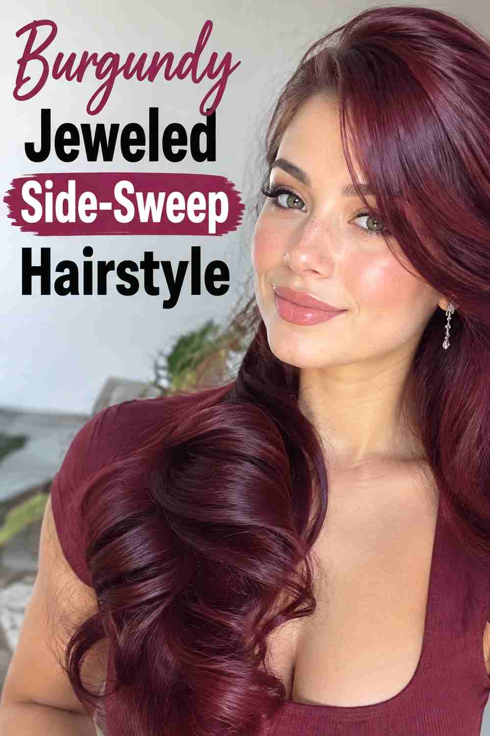 15. Burgundy Jeweled Side Sweep Hairstyle