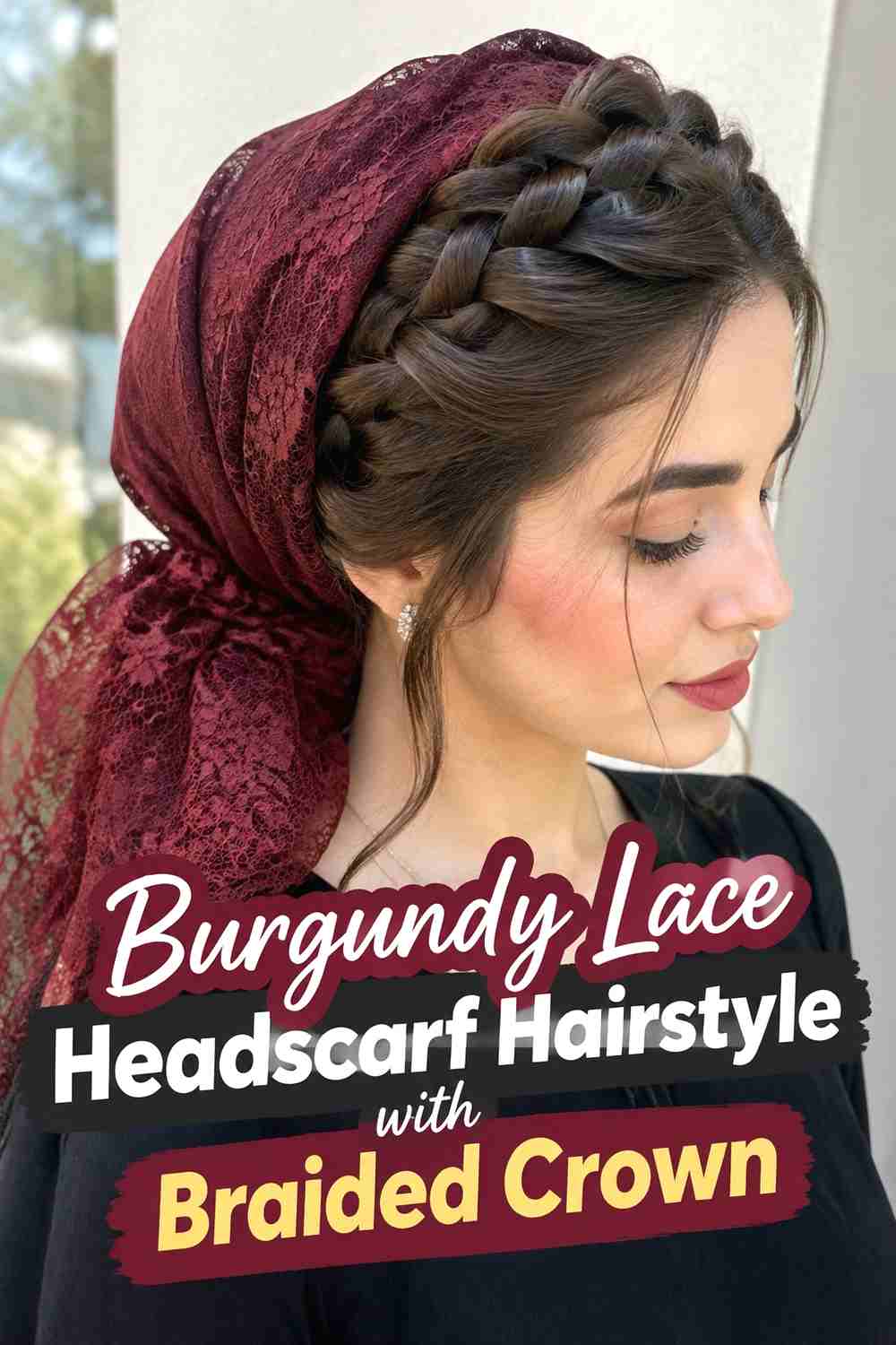 13. Burgundy Lace Headscarf Hairstyle With Braided Crown