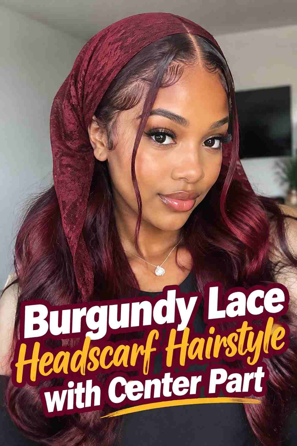 11. Burgundy Lace Headscarf Hairstyle With Center Part