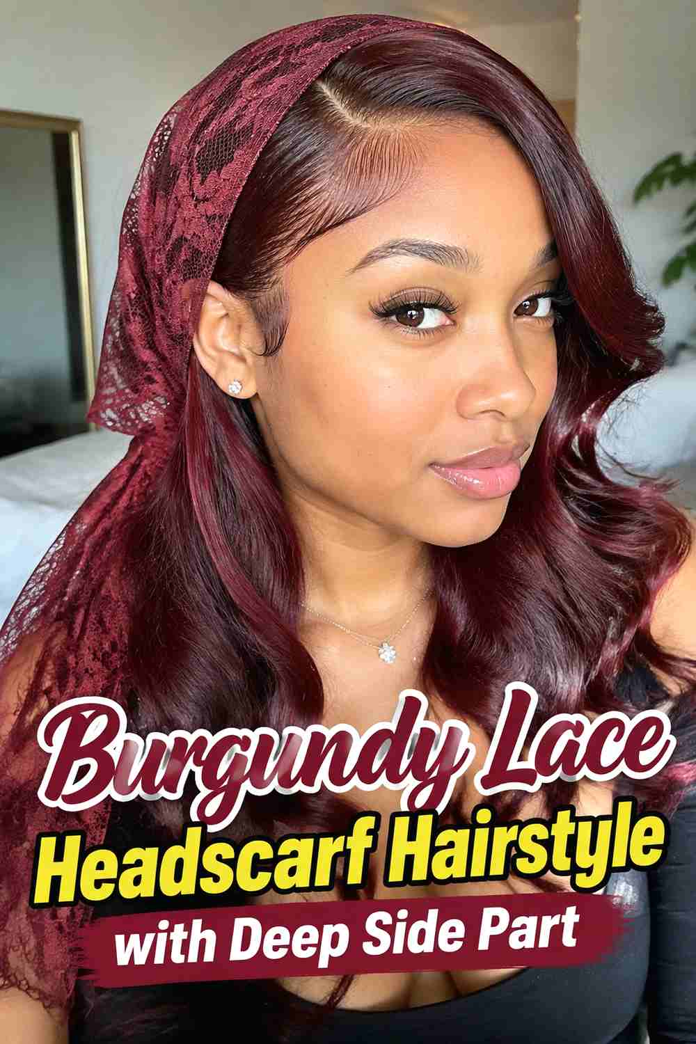 12. Burgundy Lace Headscarf Hairstyle With Deep Side Part