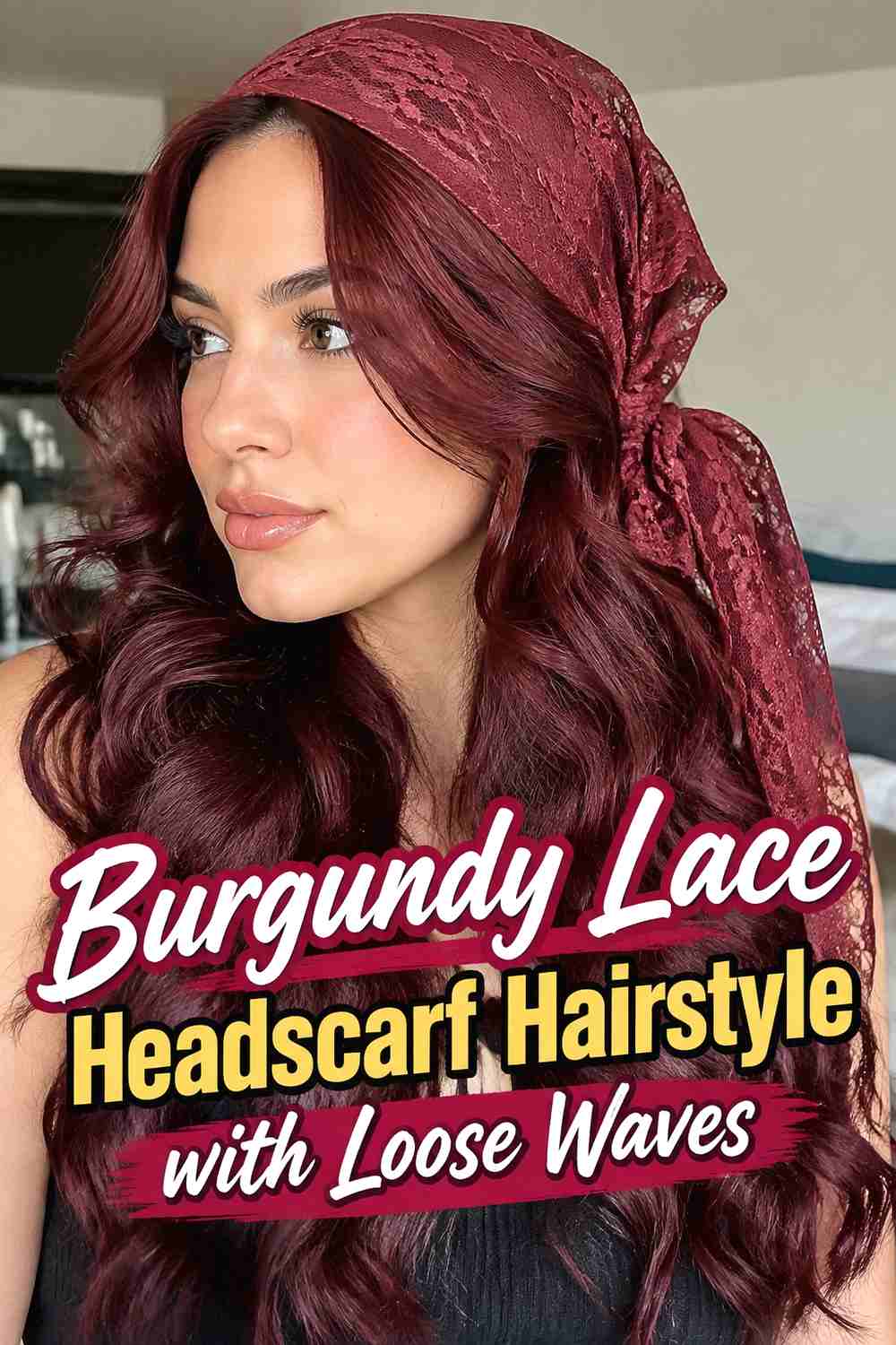 2. Burgundy Lace Headscarf Hairstyle With Loose Waves