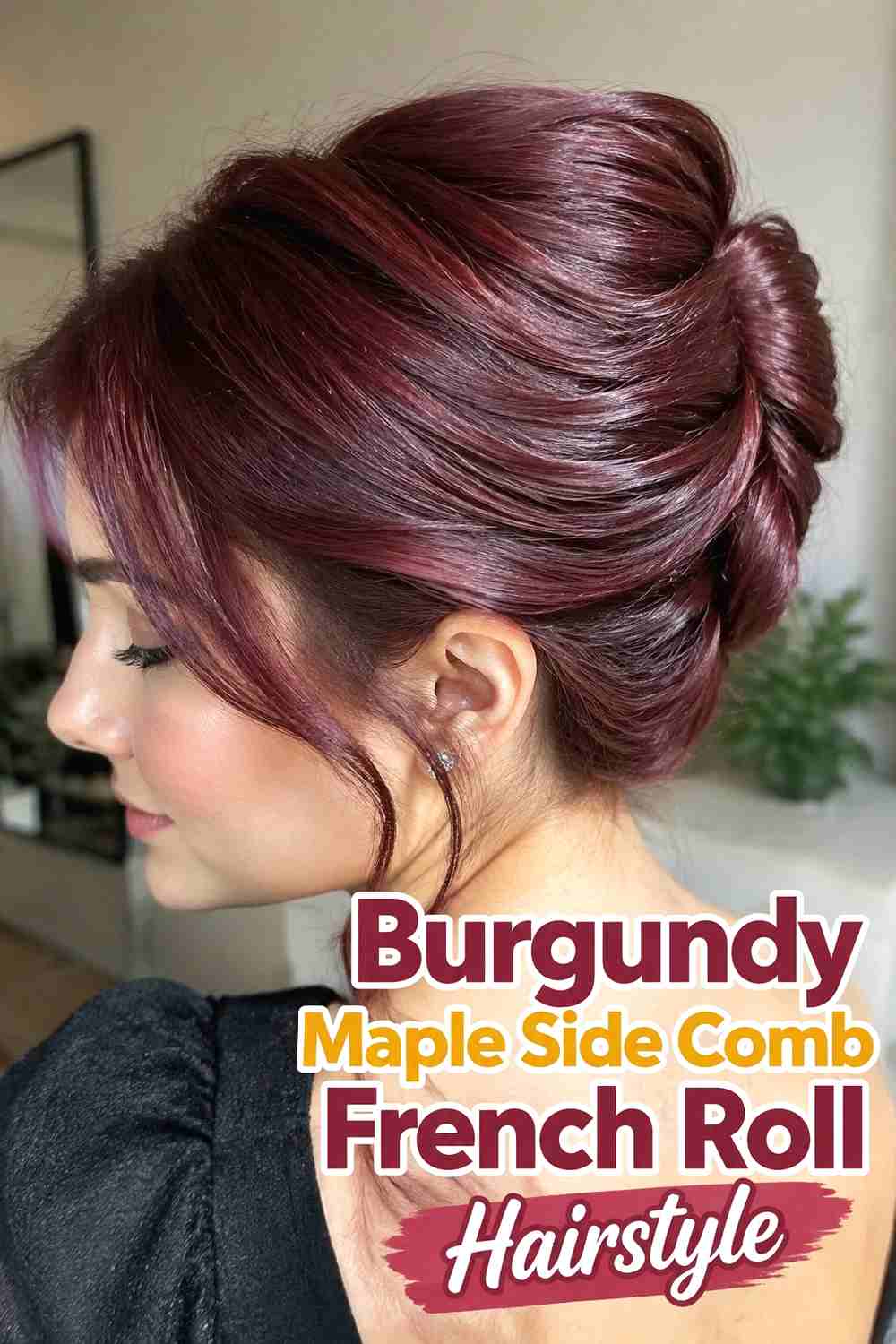 13. Burgundy Maple Side Comb French Roll Hairstyle