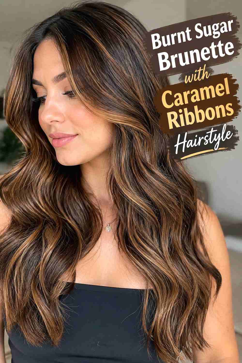 5. Burnt Sugar Brunette With Caramel Ribbons Hairstyle