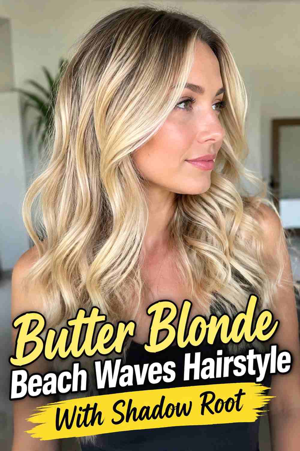 7. Butter Blonde Beach Waves Hairstyle With Shadow Root