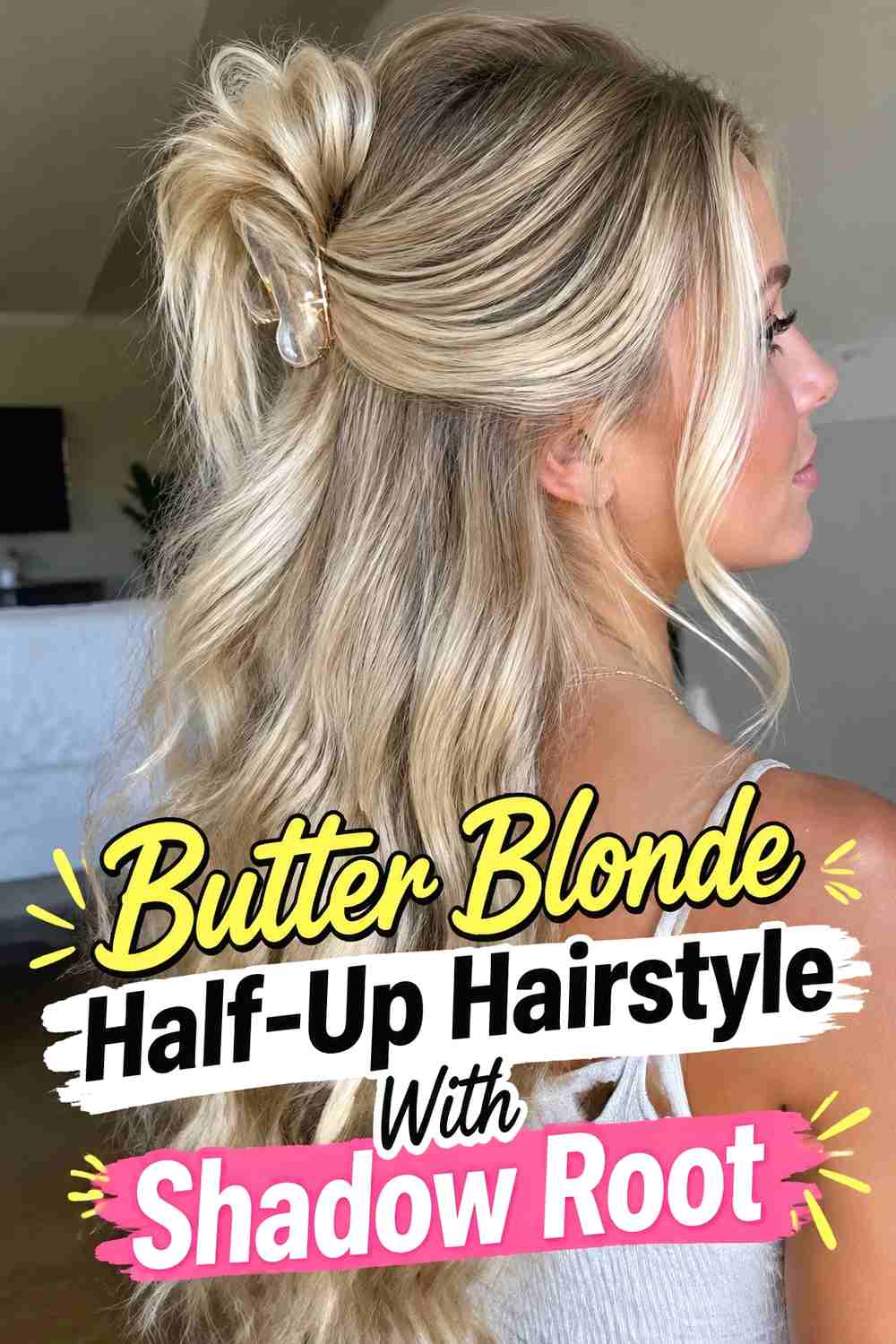 10. Butter Blonde Half Up Hairstyle With Shadow Root