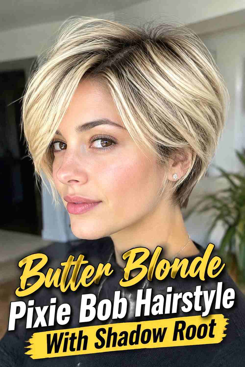 8. Butter Blonde Pixie Bob Hairstyle With Shadow Root