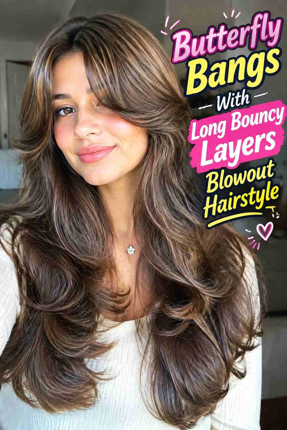 17. Butterfly Bangs With Long Bouncy Layers Blowout Hairstyle