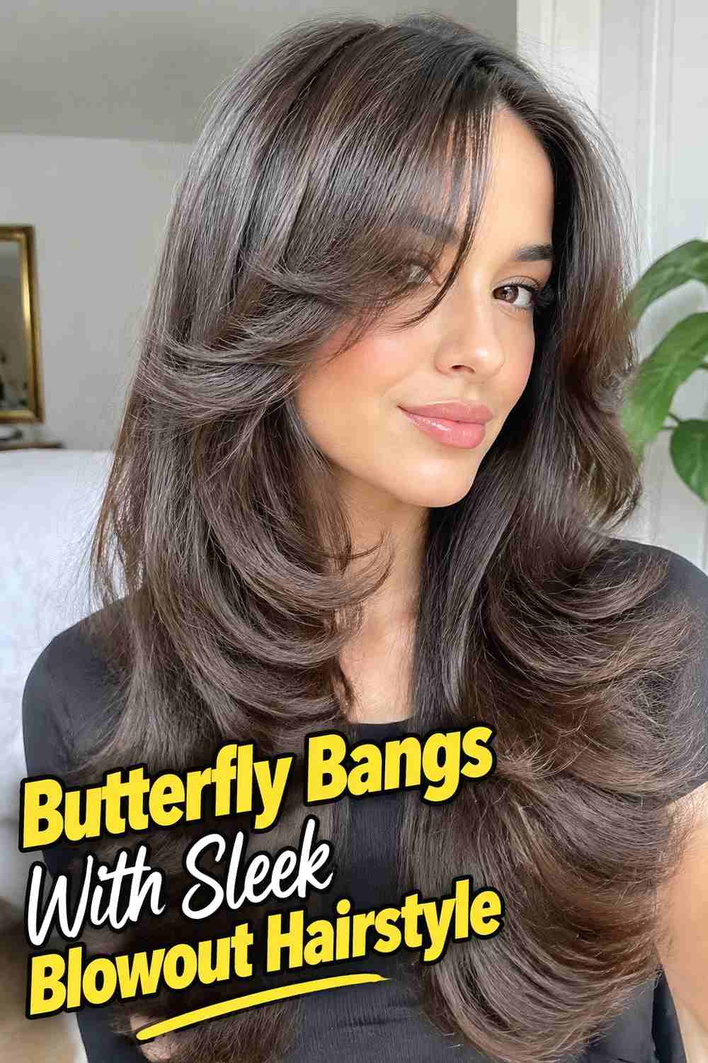 14. Butterfly Bangs With Sleek Blowout Hairstyle