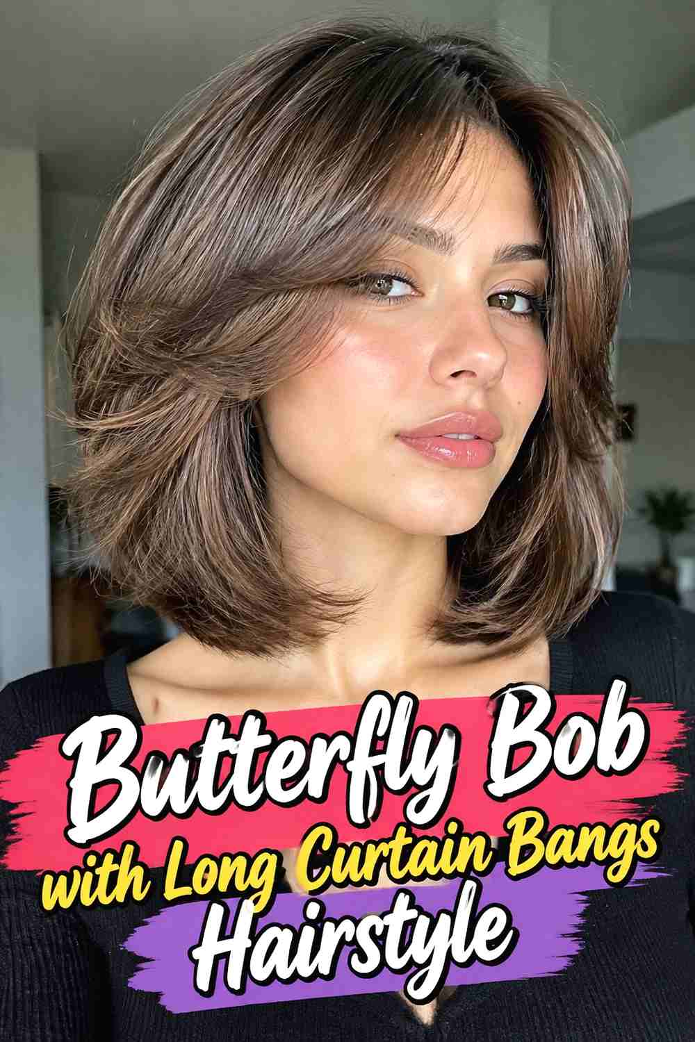 5. Butterfly Bob With Long Curtain Bangs Hairstyle