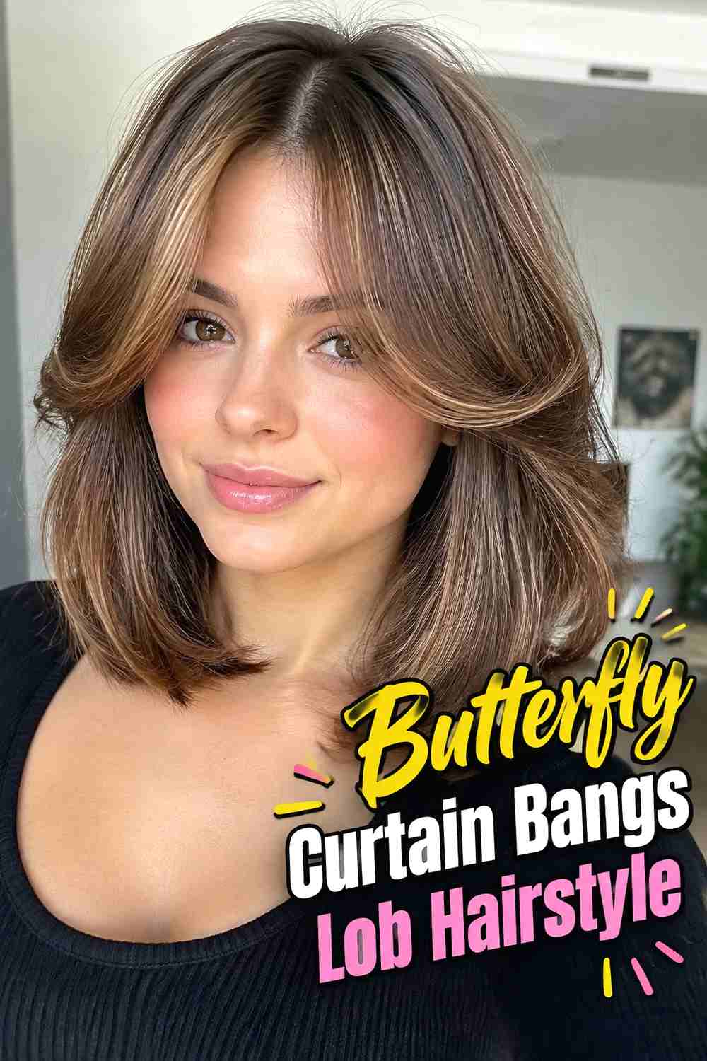 5. Butterfly Curtain Bangs Lob Hairstyle