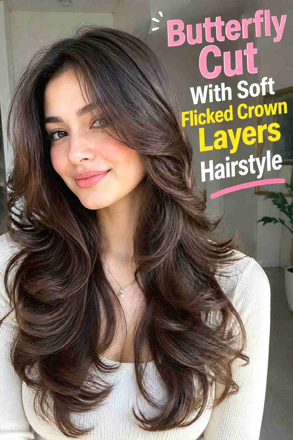 14. Butterfly Cut With Soft Flicked Crown Layers Hairstyle