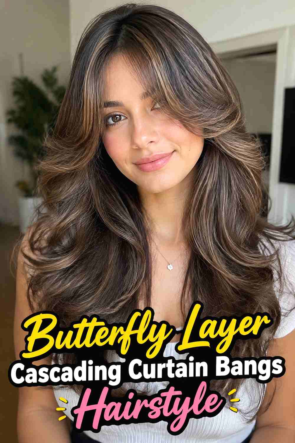 11. Butterfly Layer Cascading Curtain Bangs Hairstyle