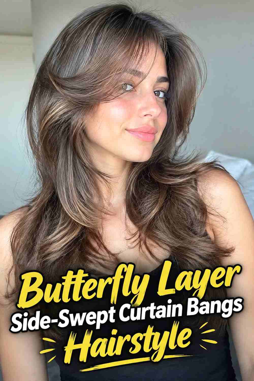 10. Butterfly Layer Side Swept Curtain Bangs Hairstyle