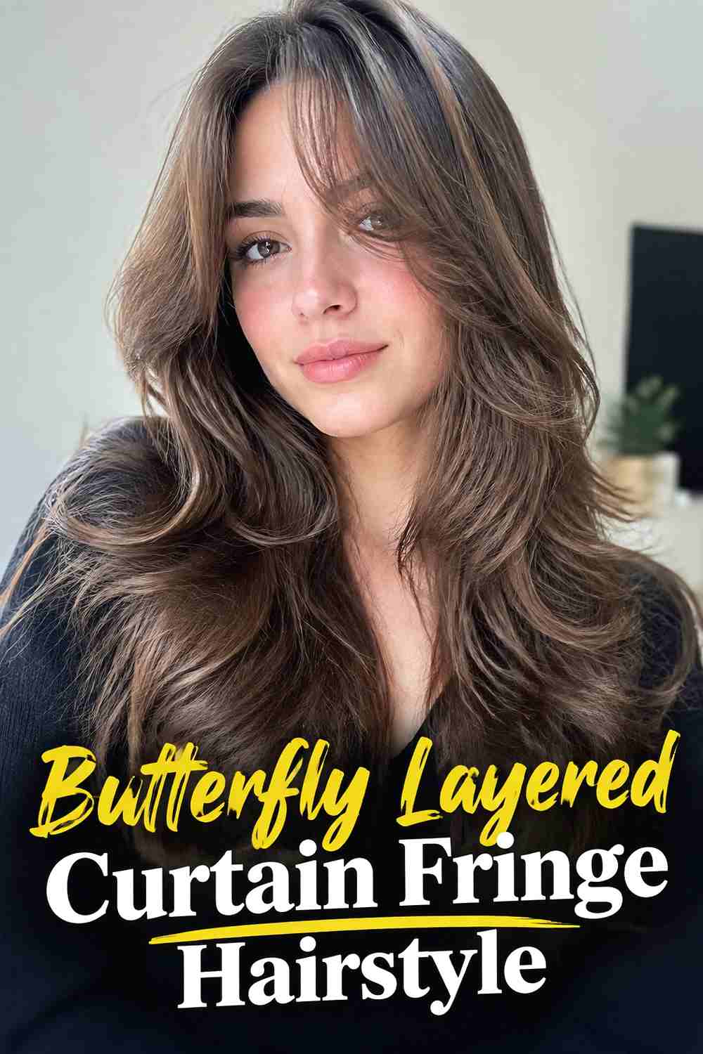 12. Butterfly Layered Curtain Fringe Hairstyle
