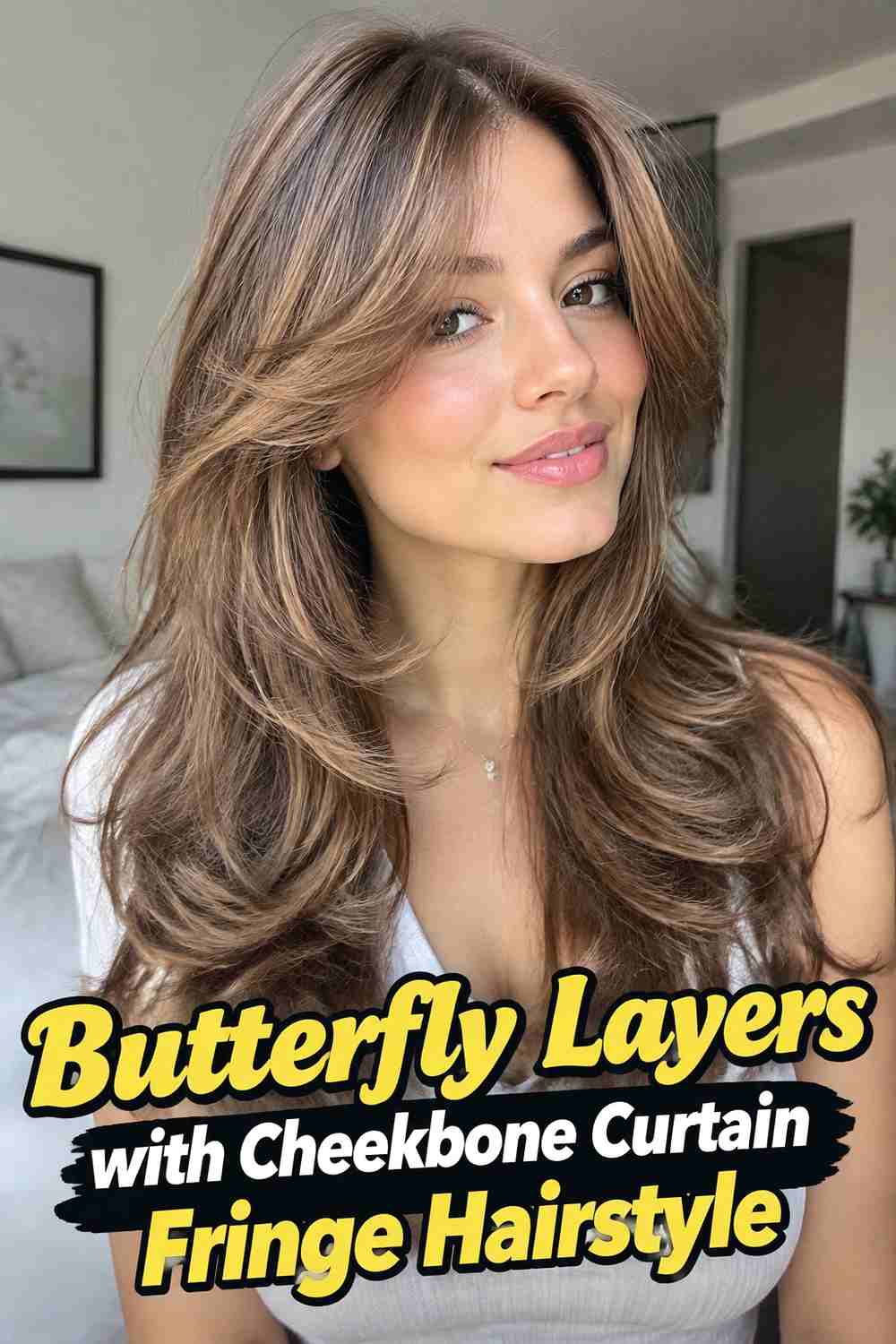13. Butterfly Layers With Cheekbone Curtain Fringe Hairstyle