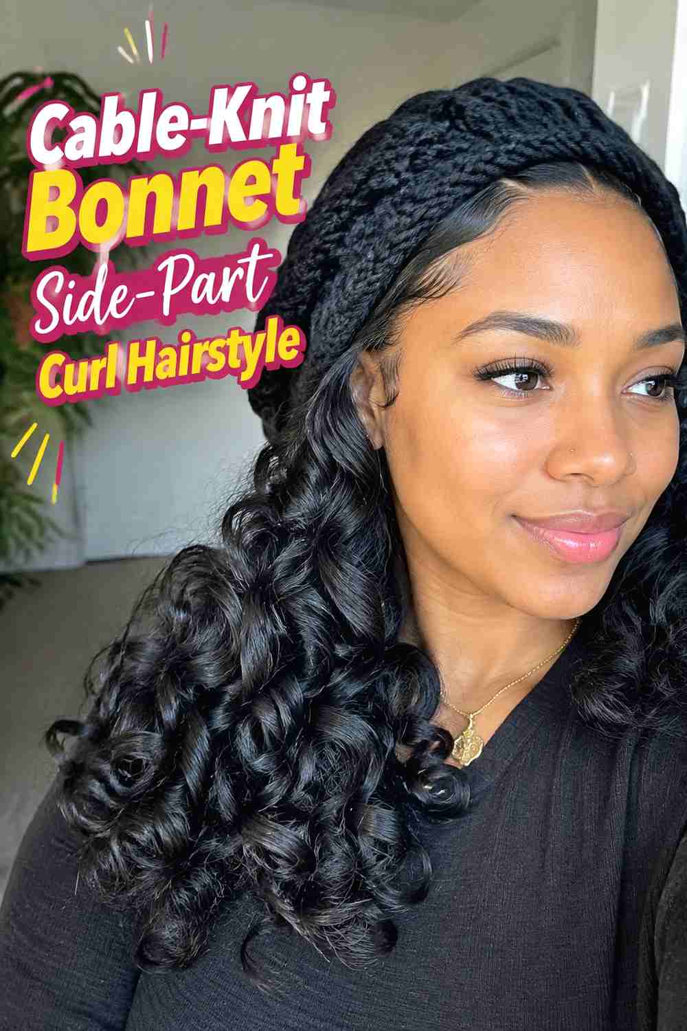 2. Cable Knit Bonnet Side Part Curl Hairstyle