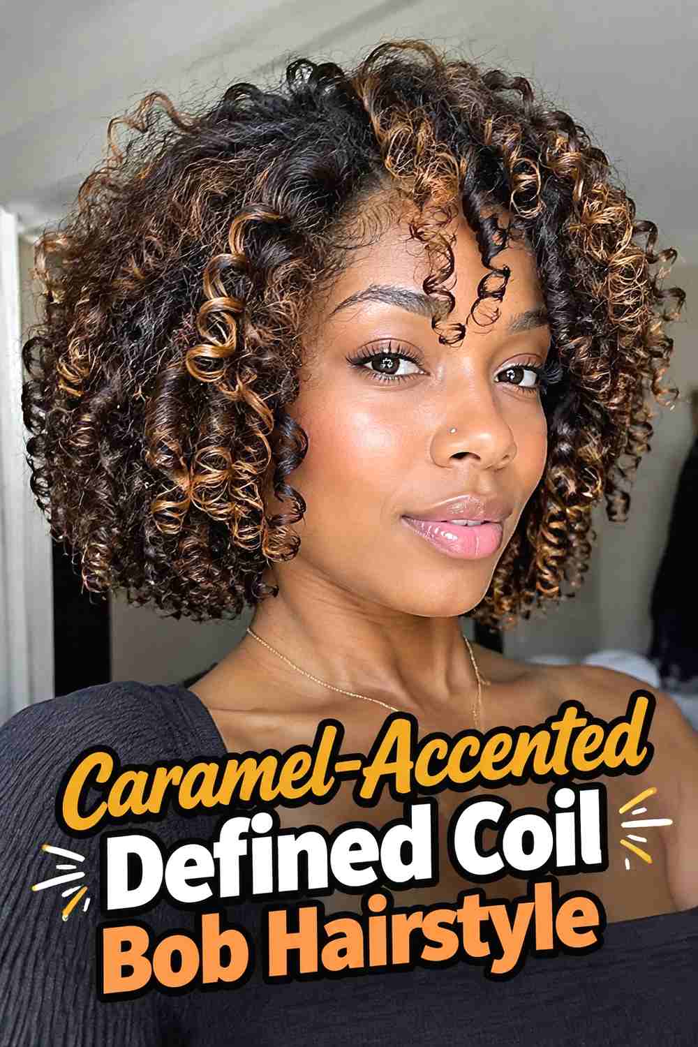 11. Caramel Accented Defined Coil Bob Hairstyle