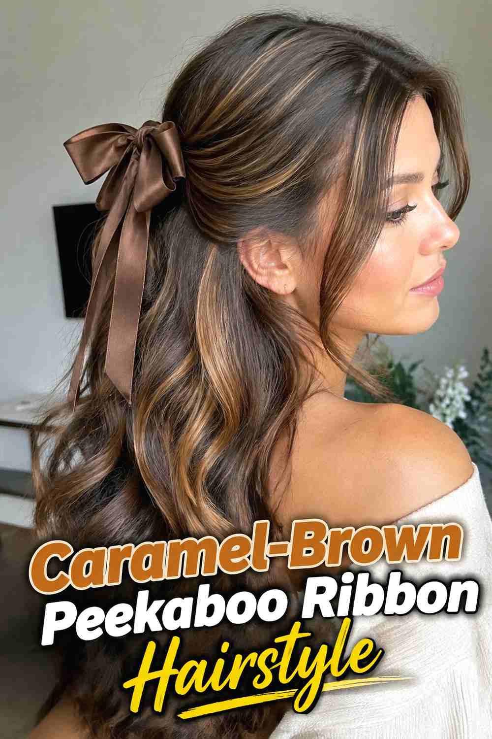 6. Caramel Brown Peekaboo Ribbon Hairstyle
