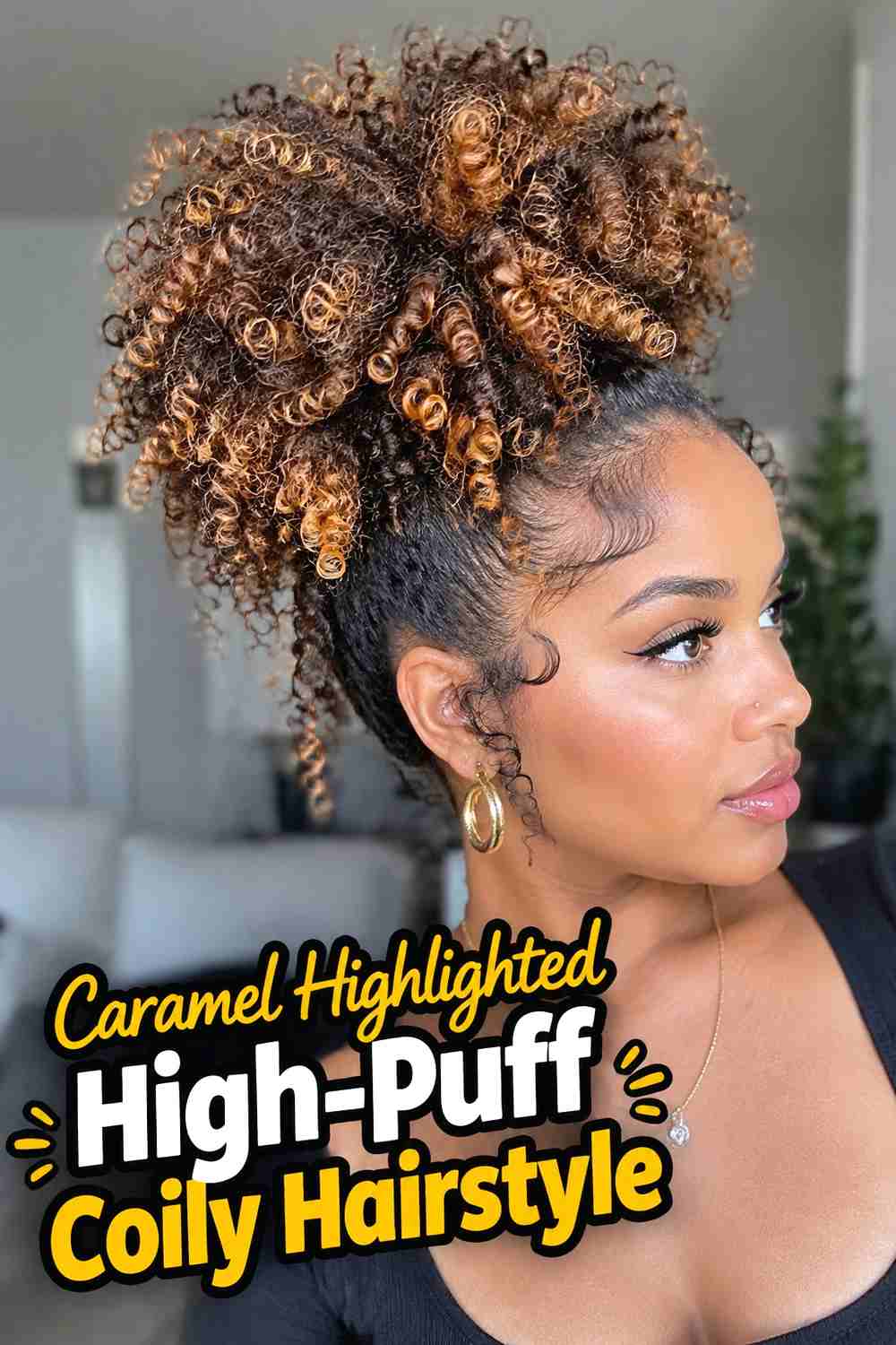 14. Caramel Highlighted High Puff Coily Hairstyle