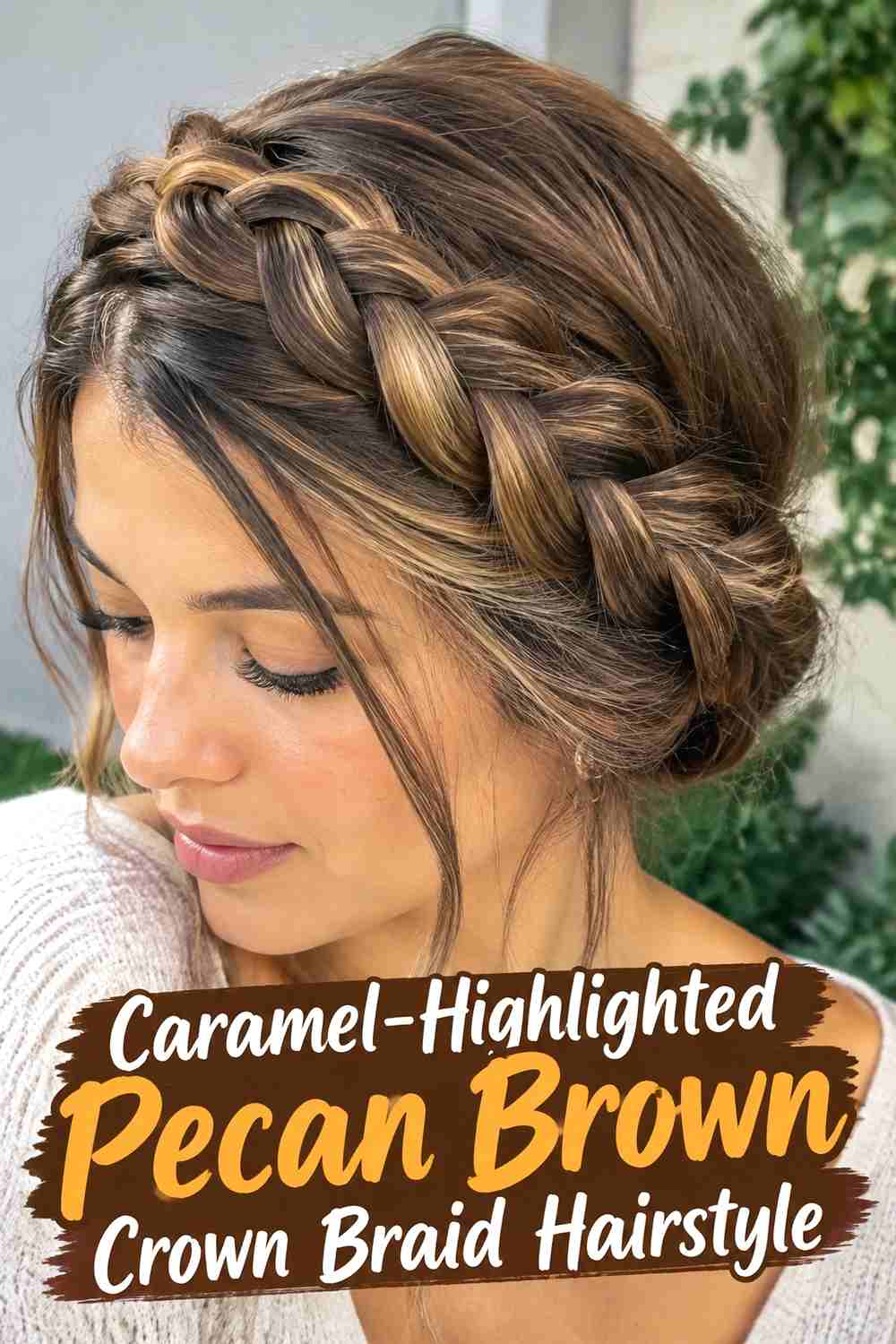 15. Caramel Highlighted Pecan Brown Crown Braid Hairstyle
