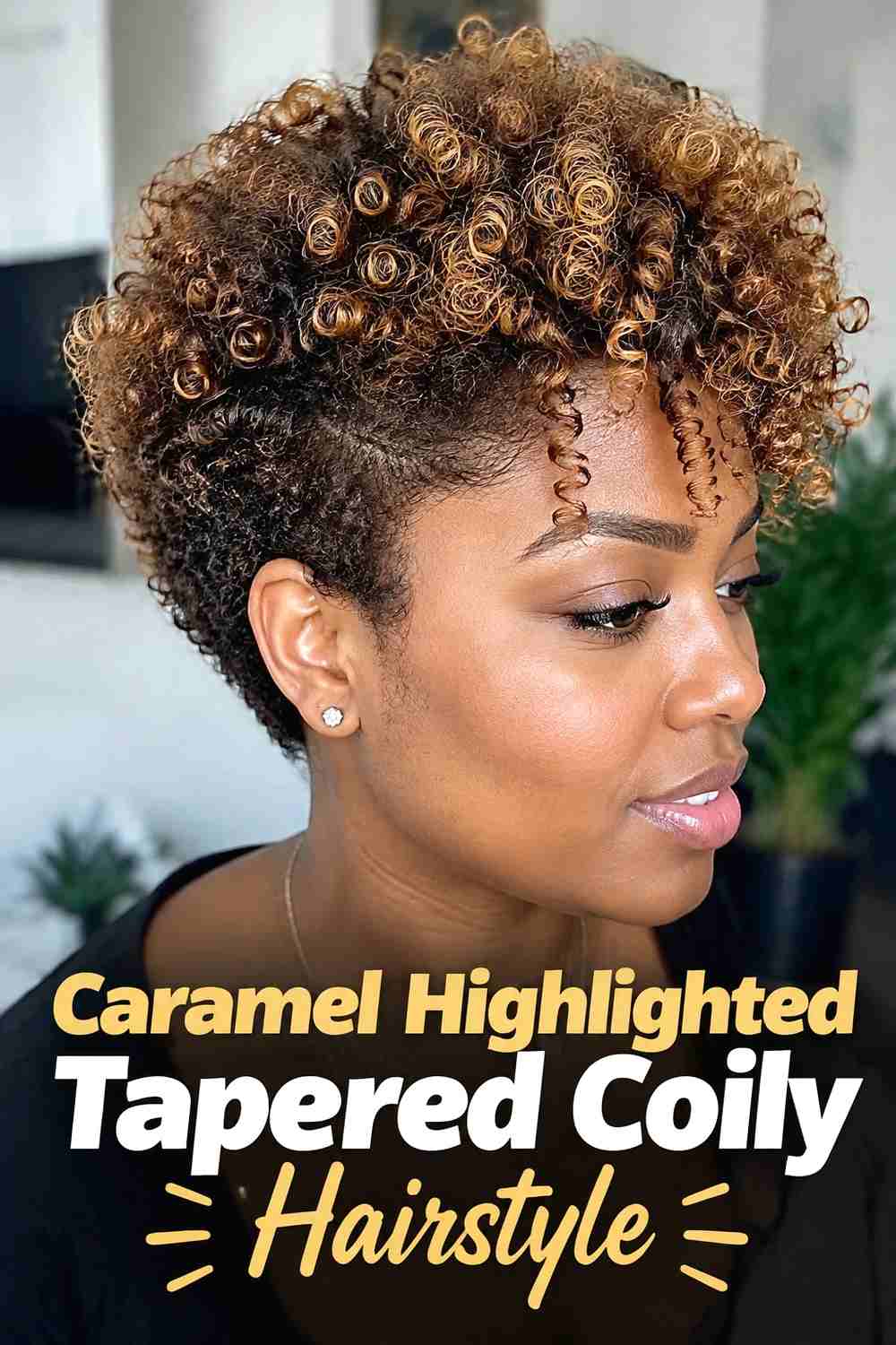 7. Caramel Highlighted Tapered Coily Hairstyle