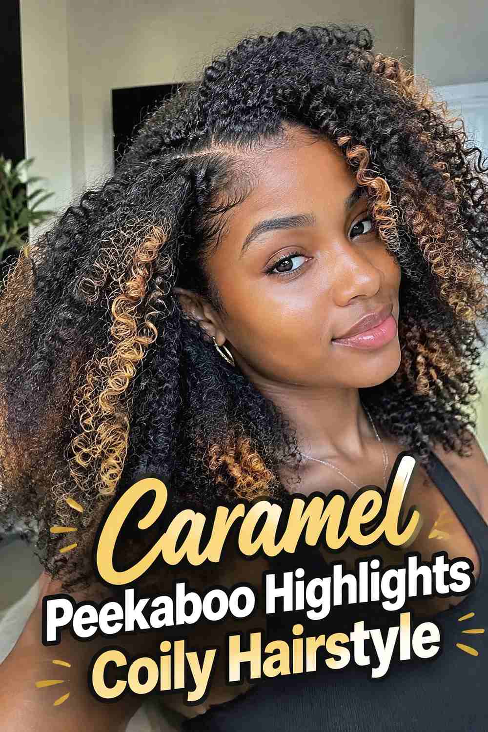 13. Caramel Peekaboo Highlights Coily Hairstyle