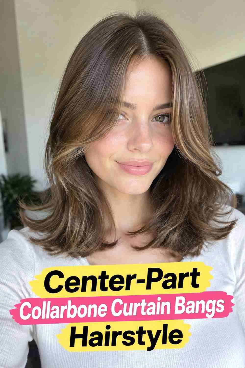 10. Center Part Collarbone Curtain Bangs Hairstyle