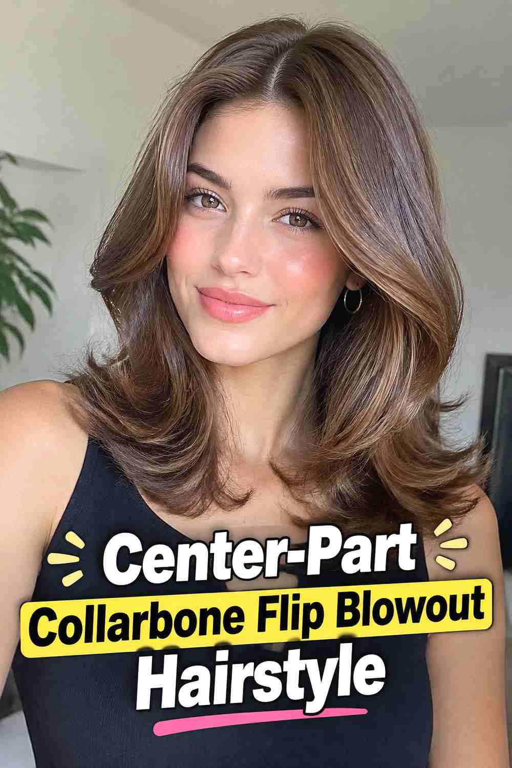 2. Center Part Collarbone Flip Blowout Hairstyle