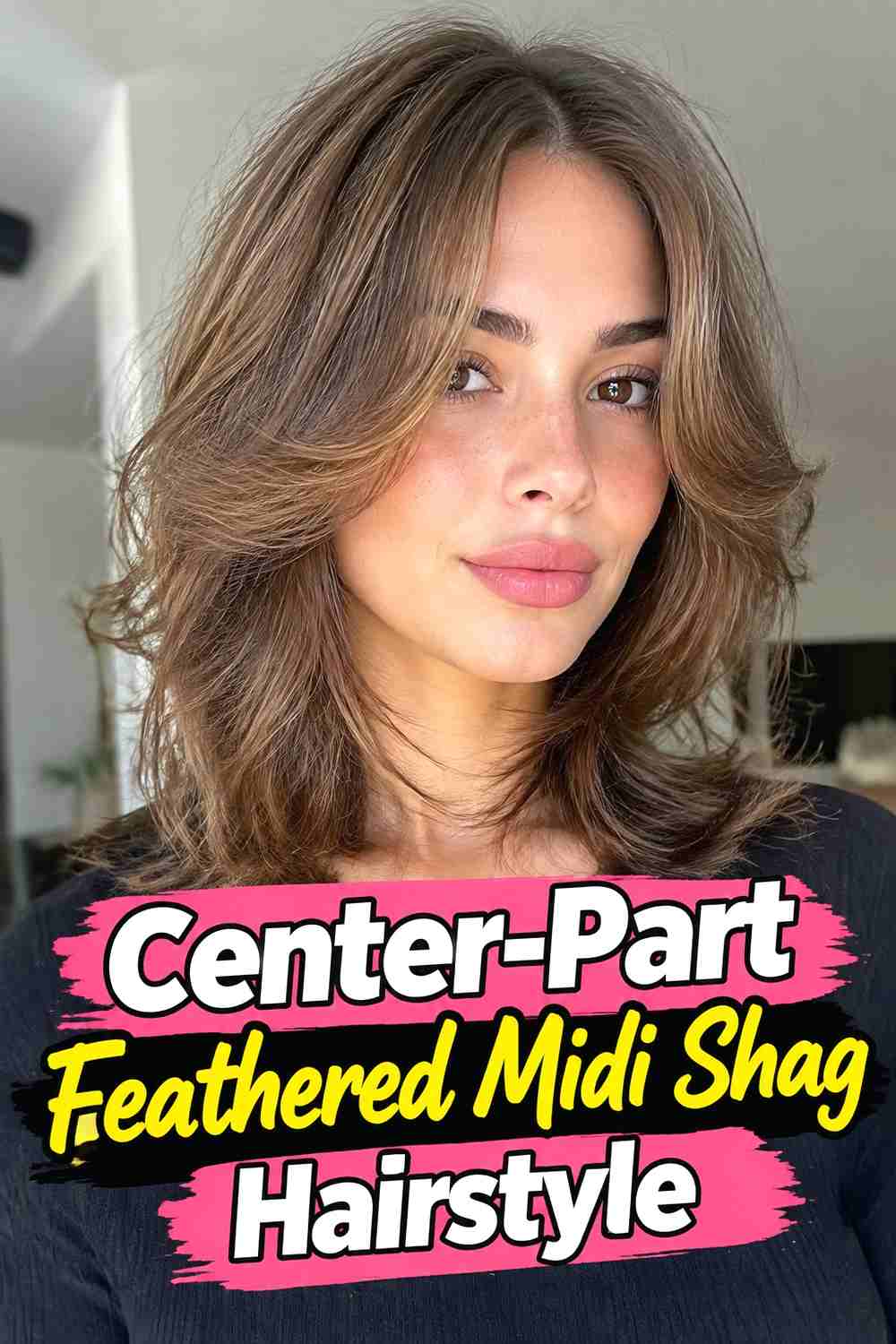4. Center Part Feathered Midi Shag Hairstyle